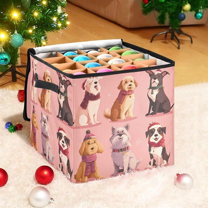 OTVEE Christmas Ornament Storage Box Holiday Decoration Organizer Stores upto 64 Holiday Ornaments Adjustable Dividers Tear-Proof Fabric Festive Pet Pattern