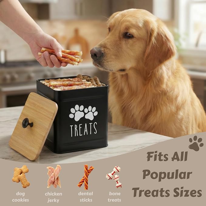 PERFNIQUE Dog Treat Container, Airtight Dog Treat Jar, Dog Cookie Jar for kitchen Counter, Pet Treat Container, Dog Food Storage, Treat Jars for Pets, Cat Treat Container, 7.8''x6.2 (Black)