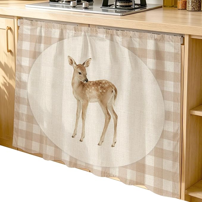 Resting Fawn Cabinet Dishwasher Hidden Curtains, Privacy Closet Door Curtain, Retro Natural Animals Farmhouse Plaid Adhesive Dust Proof Under Sink Skirt for Bathroom Kitchen 35"x35"