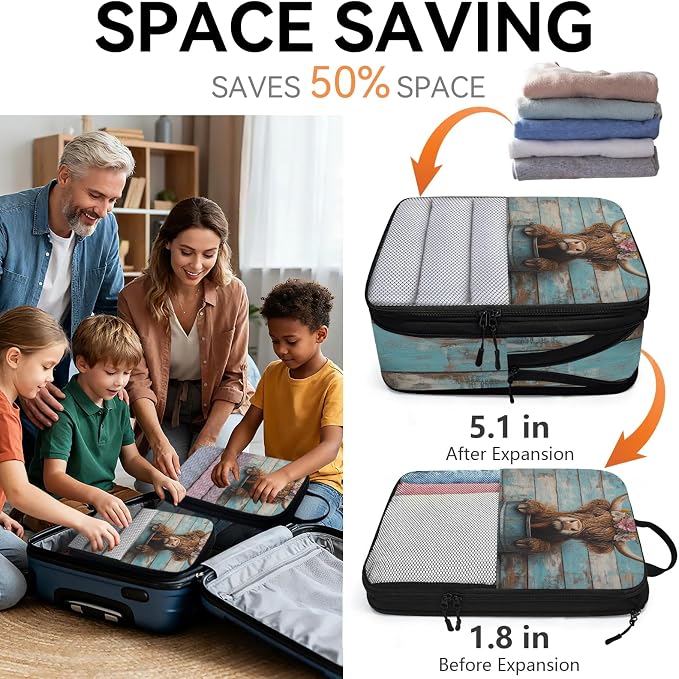 TropicalLife Highland Rustic Cow 6 Set Compression Packing Cubes | Farmhouse Farm Animals Travel Accessories Expandable Packing Organizers Space Saver Bags for Organizing Clothes