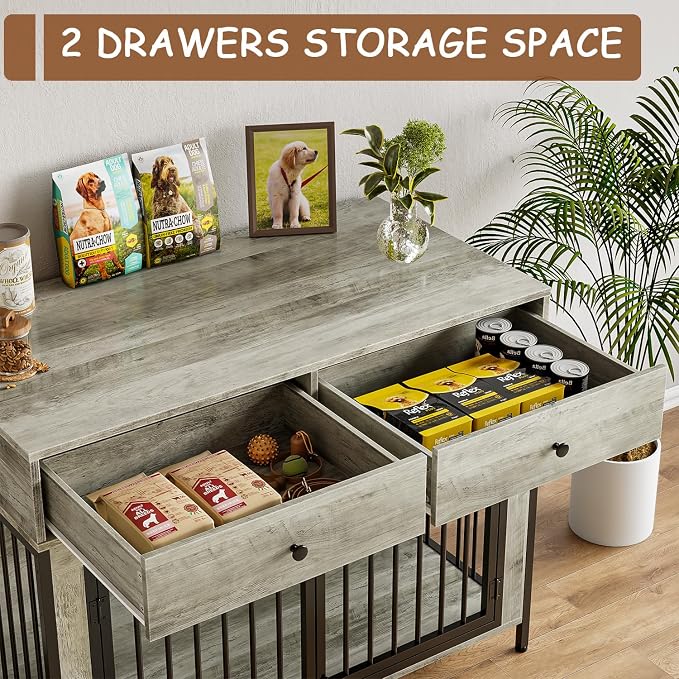 PUKAMI Large Dog Crate Furniture with 2 Drawers, 44 Inch Wooden Dog Kennel Indoor, Crate Furniture as Decorative End Table, Cage Furniture for Small Medium Large Dogs (New Grey, 1-Pack Set)