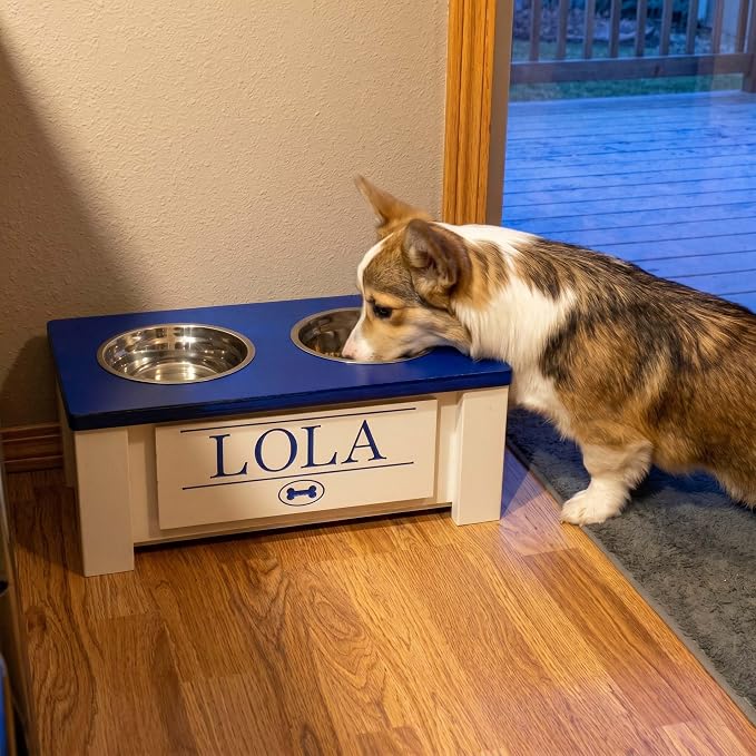 Elevated Dog Bowls for Small Dogs, Personalized Food Stand for Small Breed | Farmhouse Style, Elevated Wood Stand, Storage Container, Stainless Steel Bowls, Raised Anti-Slip Feeder, Made in USA