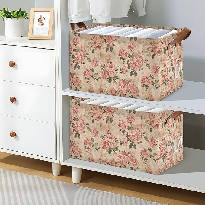 Rustic Vintage Pink Floral Retro Storage Bins for Shelves with Labels&Handles Fabric Organizer Bin Foldable Rectangle Storage Basket Boxes for Closet, Bathroom, Home, Living Room