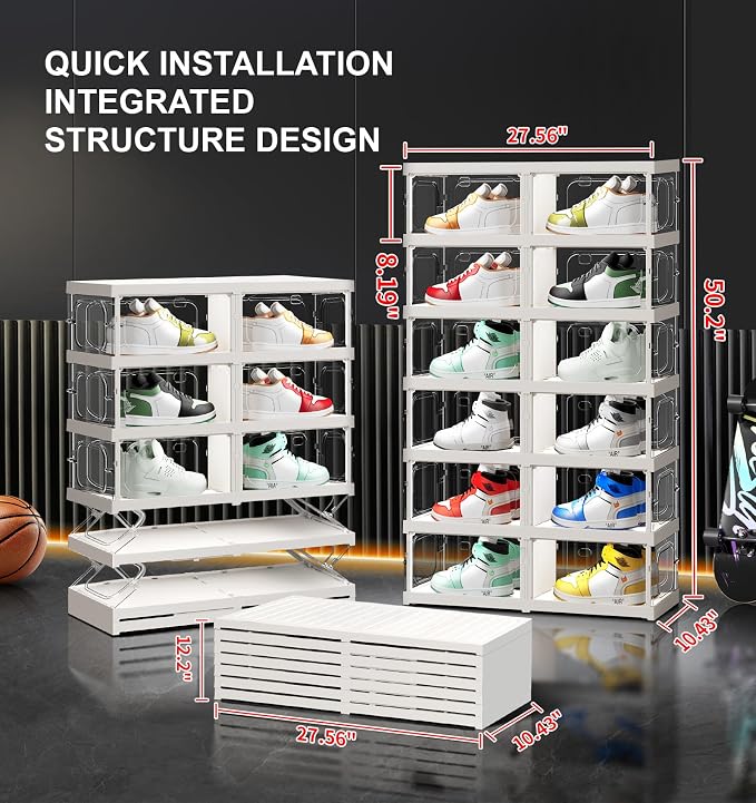 CIMLORD 6-Tier Foldable Shoe Rack Organizer, Magnetic Doors,12 Pairs,White | Collapsible Plastic Shoe Cabinet, 4-Sided Clear Doors, Stackable, Fits High Shoes&Sneakers, Easy Assembly, Closet, Cloakroom