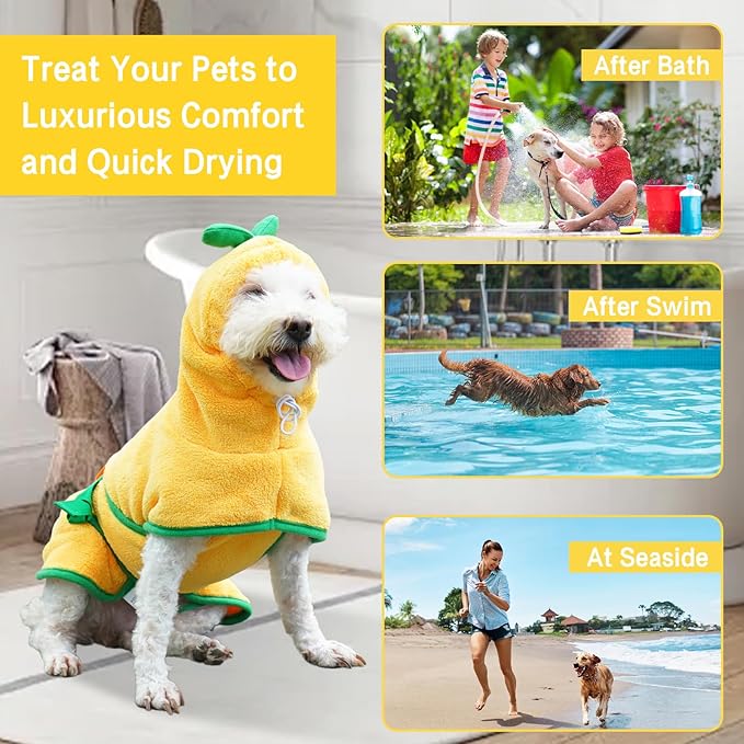 Pet Bathrobe for Dog Cat Absorbently Quick Drying Coat Cute Dogs Bath Towel Hooded Robe Adjustable Collar & Belly Strap for Pool Beach (Yellow, Medium)