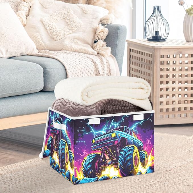 Storage Bins with Lid Monster Truck Foldable Storage Boxes 40L Baskets | Decorative Storage Boxes, 300D Oxford Cloth, Hollow Board Frame, Flip Top Velcro Lid, 16.5x12.6x11.8 inch, Collapsible Design