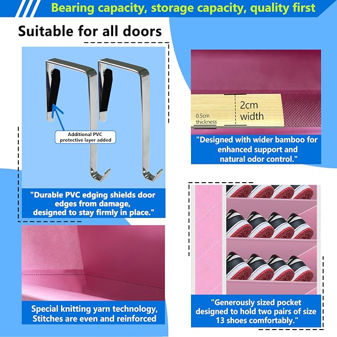 10 Tiers Shoe Organizer for Closet, 20 to 30 Pairs Shoe Rack Door | Extra Deep Pockets Over the Door Shoe Organizer for Dorm and Back Door, Heavy Duty Anti-Scrath Hanging Hooks Shoe Storage