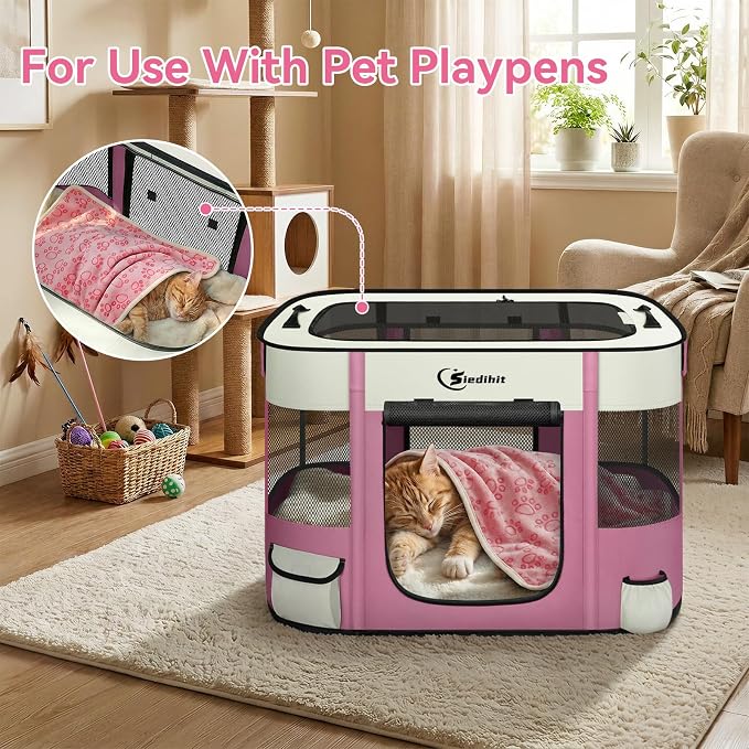 Siedihit 28" Dog Playpen,Cat Puppy Pen, Pet Portable Crate Indoor Outdoor | Durable Travel Camping Use,Foldable Dog Kennel Tent Cage for Rabbit Small Animals with Carrying Case(Pink with Blanket, Small