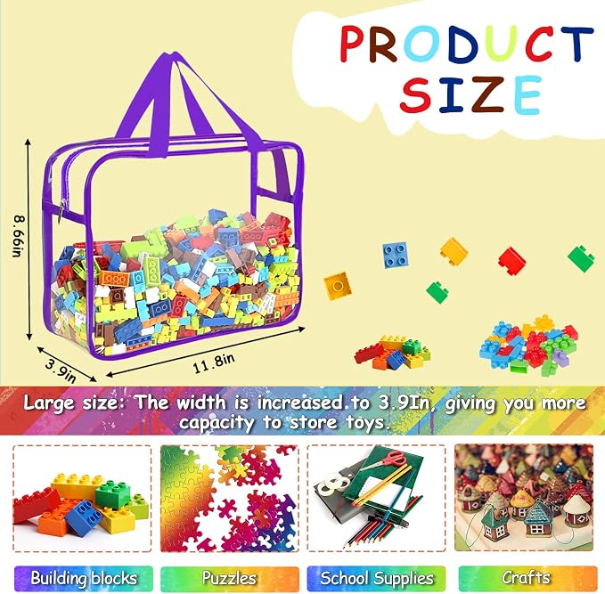 6 Colors Large Toy Storage Bags with Labels Reusable Clear Toy Organizer | Transparent PVC Waterproof Organizer Bags with Zipper for Building Blocks, Puzzle, Board Games Travel Storage, Save space