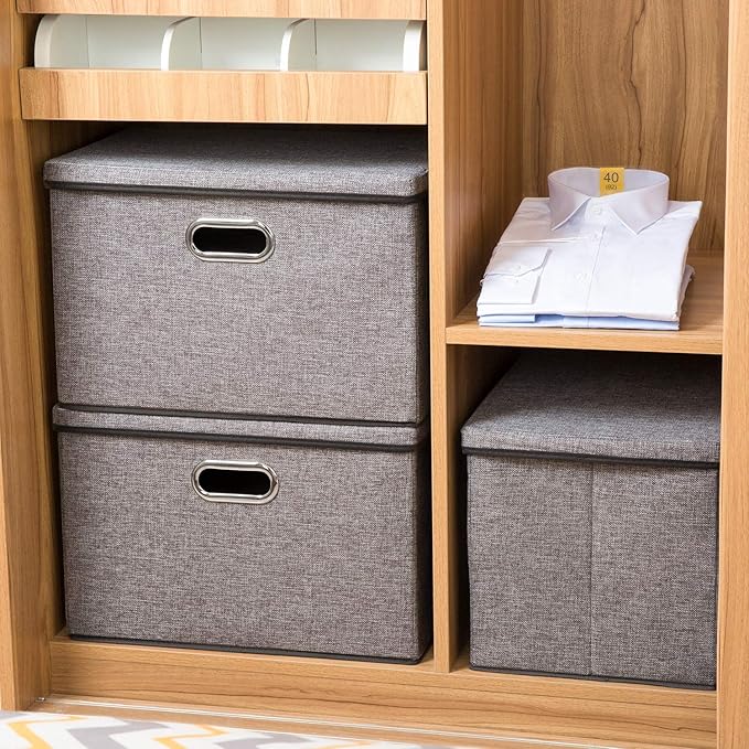Large Collapsible Storage Containers with Lids [5-Pack] Linen Fabric Foldable Storage Bins Boxes Organizer Baskets Cube with Cover for Home Bedroom Closet Office Nursery (17.7x11.8x11.8)