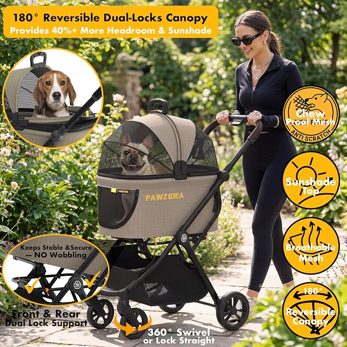 PAWZIDEA Pet Stroller 4-in-1, Foldable Dog Stroller with Detachable Carrier | Escape-Proof No-Zip Canopy, Portable Travel Crate & Car Seat Combo, for Small to Medium Dogs & Cats up 33 lbs, Storage Basket