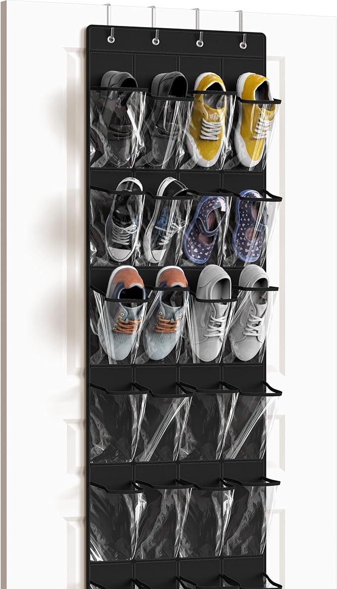 Simple Houseware 24 Pockets Clear Over the Door Shoe Organizer, Black | 64" x 19", 4 Durable Metal Hooks, 4.3" x 9.5" Pocket Size, Multipurpose