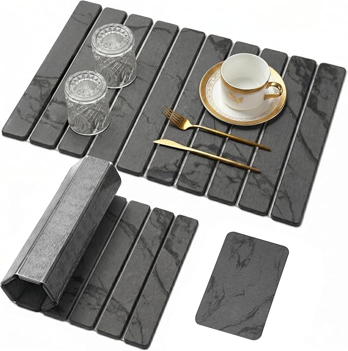 Drying Matt Kitchen Counter,Large Stone Dish Drying Mat for Kitchen Counter,Foldable Water Absorbing Diatomaceous Earth Drying Organizer Pad for Kitchen Utensils(Dark Gray 24"×16" & 8"x4")