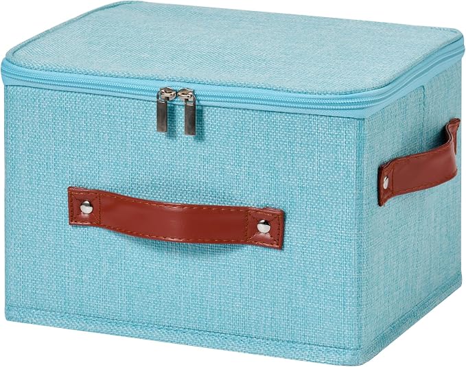 Storage Bin Box with Zippered Lid Decorative Collapsible Basket | Cotton Linen Fabric, Washable Foldable Stackable Clothes Container, Closet Shelf Organizer w/ PU Leather Handles, Blue-Small
