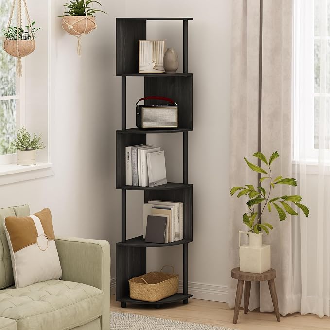 Furinno ECON Corner Shelf, 5-Tier Corner Book Shelf, Zigzag Storage Shelves, Display Rack, Bookshelf, for Organization and Storage, Living Room, Home Office, Espresso