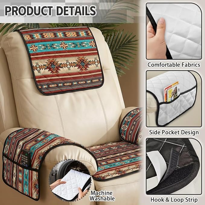 Aztec Quilted Recliner Chair Covers with Arms 4-Piece | Lazy Boy Recliner Chair Covers with Pockets Machine Washable Furniture Protector for Armchairs Wingback Chairs Pet Friendly