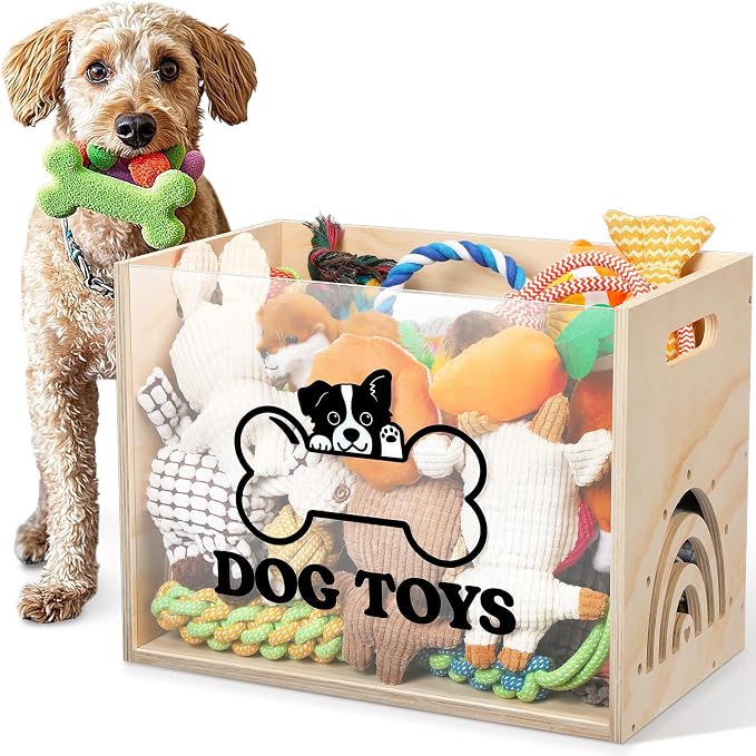 Beeveer Large Dog Toy Basket Dog Toy Box Wooden Storage Bin with Acrylic Board Storage Box for Puppy Toys Pet Food and Accessories Organizer Holder Basket for Living Room Area(Wood, Dog)