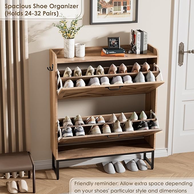Shoe Storage Cabinet with 2 Flip Drawers, Entryway Organizer, Oak | Slim Shoe Cabinet with Metal Legs, Narrow Farmhouse Shoe Organizer for Entryway, Foyer, Hallway, Wood Shoe Rack with Hook