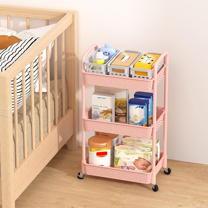 MOYIPIN 3-Tier Plastic Rolling Utility Cart with Handle,Utility,Pink | Utility Storage Cart for Office, Living Room, Kitchen,Movable Storage Organizer，Easy installation，Rattan-like art design