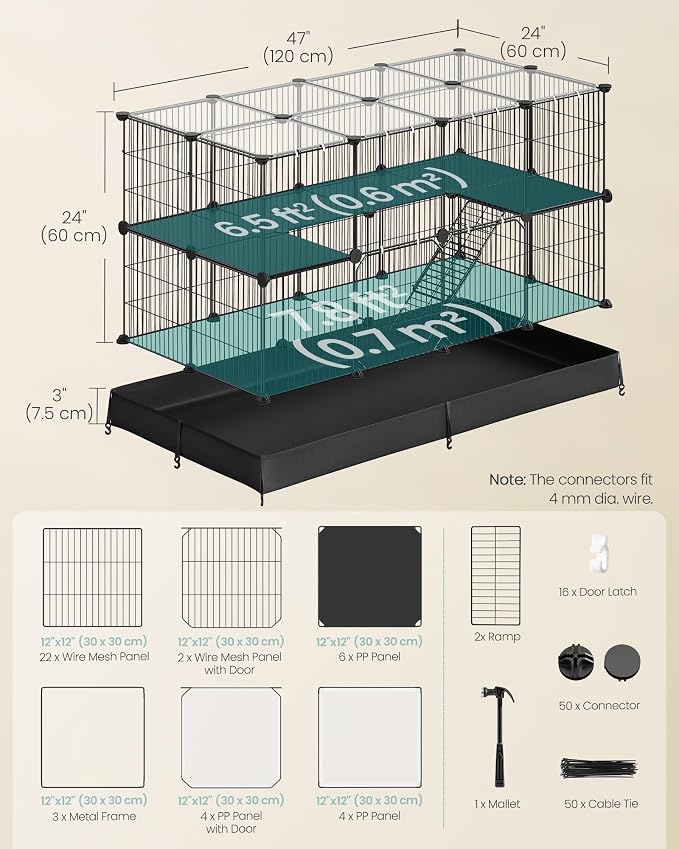 SONGMICS Pet Playpen, 2-Tier Steel Pen with Roof | Indoor Dog Fence, 47.2 x 23.6 x 23.6 Inches, Waterproof Mat, 2 Doors, Ink Black, Damion Collection, ULPI015B101