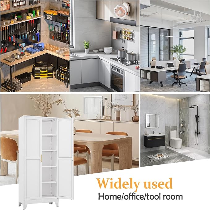 White Pantry Storage Cabinet, 71" Metal Kitchen Pantry Storage | Steel Storage Cabinets with Doors and 4 Adjustable Shelves, Metal Storage Cabinet, for Office, Home, Garage, School