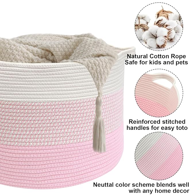 65L Large Blanket Basket,Woven Rope Laundry Basket-Mixed Pink | Collapsible, reinforced handles, nursery storage bin organizes clothes, toys and pillows for living room, bedroom bathroom