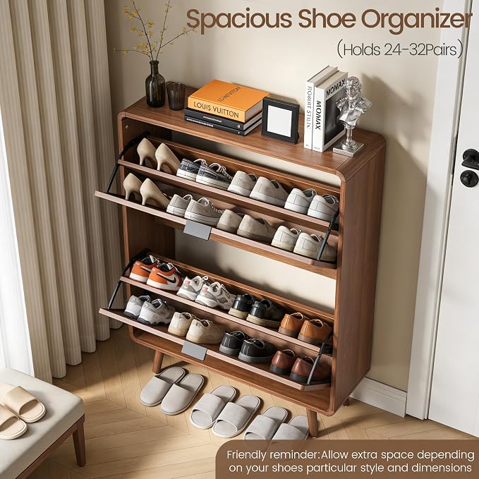 FurSch Fluted Shoe Storage Cabinet with 2 Flip Drawers | Narrow Shoe Rack Cabinet Organizer, Adjustable & Removable Shelves, for Entryway