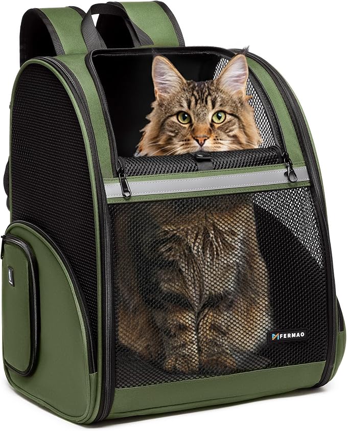 Pet Backpack Carrier, Large Cat Carrier Backpack Up to 20 Lbs with Breathable Mesh, for Medium Large Cats or Small Dogs, Travel Hiking Camping Backpack (DarkGreen-XL)