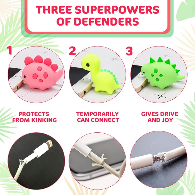 Phone Charger Protector Cute Set of 3, Dinosaur Shape (Green & Pink)