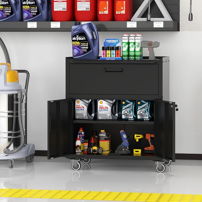 Metal Storage Cabinet for Garage, Tool Cabinet, Utility Cabinet | Wheeled, Rolling Tool Cabinet, Lockable, 2 Doors,1 Drawer, Top Countertop, Assembly Required, Black