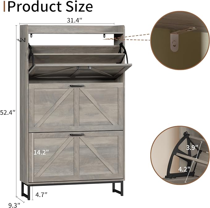 Xixini Shoe Storage Cabinet with 3 Flip Drawers, Entryway Shoe Rack, Grey | Freestanding Narrow Shoe Storage, Hidden Slim Wood Shoe Organizer, Modern Farmhouse, Open Storage & Hooks for Closet, Hallway