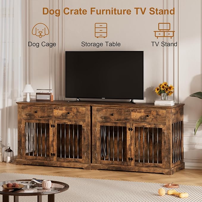 PUKAMI Large Dog Crate Furniture with 2 Drawers, 44 Inch Wooden Dog Kennel Indoor, Crate Furniture as Decorative End Table, Cage Furniture for Small Medium Large Dogs (Brown, 1-Pack Set)