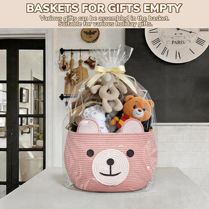 CherryNow Large Baby Basket for Gifts Empty, Cute Bear Design, Brght Pink | 15.7" x 10.5" Baby Shower Basket for Kids Boys Newborn Storage, Woven Rope Toy Basket, Fits Living Room Nursery Décor