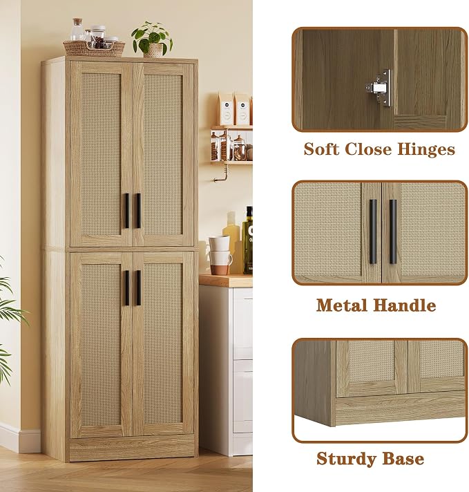 Pantry Cabinet - Tall Kitchen Pantry Storage Cabinet with 4 Rattan Doors and Adjustable Shelves, Wood Cupboard for Kitchen, Dining Room, Bathroom, Hallway, Laundry Room, Living Room