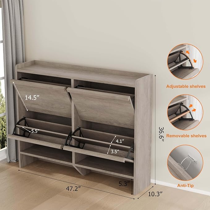 GarveeHome Shoe Cabinet with 4 Flip Drawers, Wooden Shoe Organizer Cabinet with Adjustable Shelf, Shoe Storage for Entryway, Hidden Shoe Cabinet for Hallway, Living Room, Grey