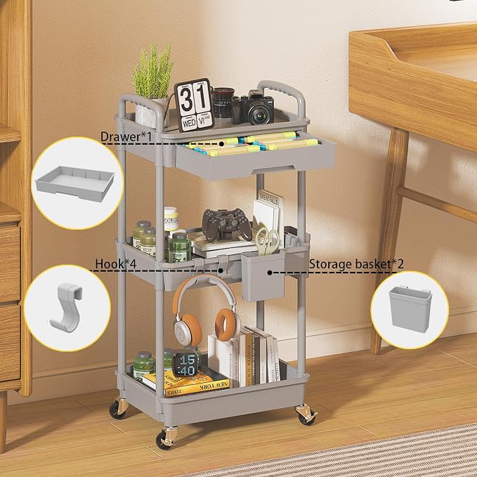 3 Tier Rolling Utility Cart with Drawer, Plastic Storage Organizer Rolling Carts with Wheels Handles Hanging Cups Hooks for Office, Bathroom, Kitchen,Craft Art Room (Grey)