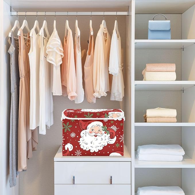 Christmas Santa Claus Storage Bins with Lids and Carrying Handle,Foldable Storage Boxes Organizer Containers Baskets Cube with Cover for Home Bedroom Closet Office