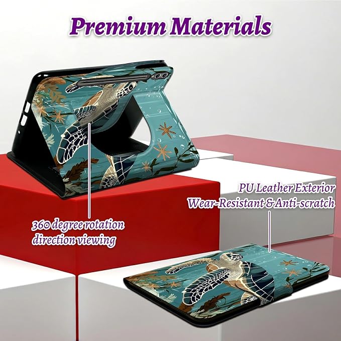 Rotating Handle Case for Samsung Galaxy Tab S8 Plus 2022/S7 FE 2021/S7 Plus 2020 12.4 Inch, 360 Degree Swivel Kickstand with Magnetic Closure Leather Protective Cover, Retro Turtle Ocean