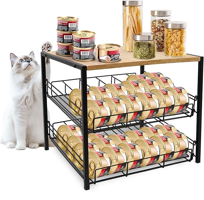 Bamboo & Iron Cat Food Organizer, 2-Tier Stackable Rack Holds 48 Cans 3oz | FIFO auto slide-down,Flat top storage, Organizes pantry & pet food cans