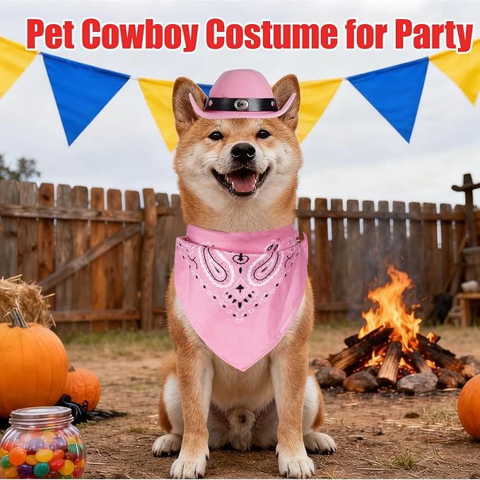 Cowboy Costume Set for Small Dog Cat Pet Mini Cowboy Hat Sunglasses with Bandana for Halloween Holiday Party Cosplay (Pink)