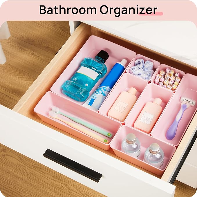 Vtopmart 44 PCS Plastic Drawer Organizers Set, Vanity Organizer Trays, Pink | 4-Size Versatile Makeup Organizer, Non-Slip Storage Containers for Makeup, Jewelries, Bedroom，Kitchen Utensils and Office