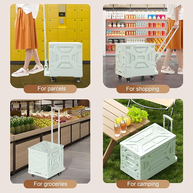 VECELO 66LHeavy-Duty 2-in-1 Foldable Utility Cart, Large Capacity Rolling Crate, Thickened Material with Silent Swivel Wheels, Dual Modes (Basket/Flatbed) for Grocery, Laundry, Camping, Green