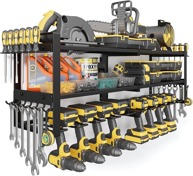 Power Tool Organizer Wall Mount, 350LBS Capacity, 3 Tier, 8 Drill Holders | 3-Tube Reinforced Design, Holds 50+ Tools, Cordless Tool Organizer, Rust Resistant, Quick Assembly, Garage Gift for Men