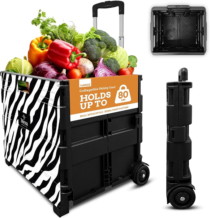 Ultra-Slim Rolling Collapsible Storage Pack-N-Roll Utility-carts, with Telescopic Handle, for Home, Garden, Shopping, Office, School use, Large, Zebra
