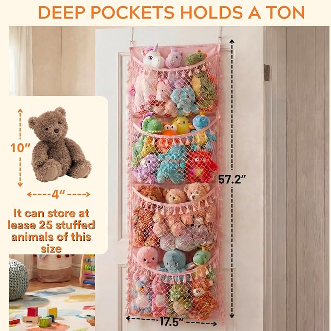 Over The Door Stuffed Animal Storage | Toy Organizer for Storage Plush Toys, Stuffed Animal Holder with 4 Large Pockets, Hanging Door Organizer for Nursery