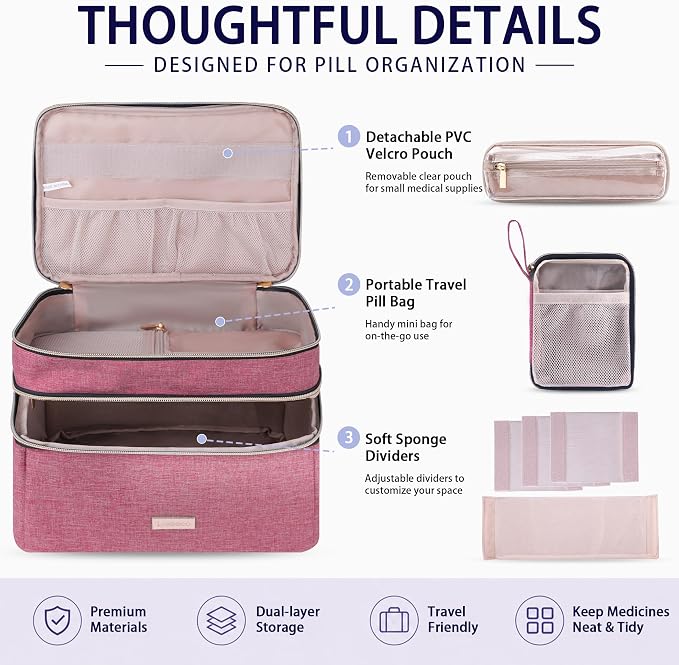 Lexeeco Travel Medicine Pill Bottle Organizer Bag with Portable Small Pouch | Medication Case with Lockable Zipper for Pill,Vitamin,Medicine Storage Box for College Dorm Student,Home,First Aid Bag Empty