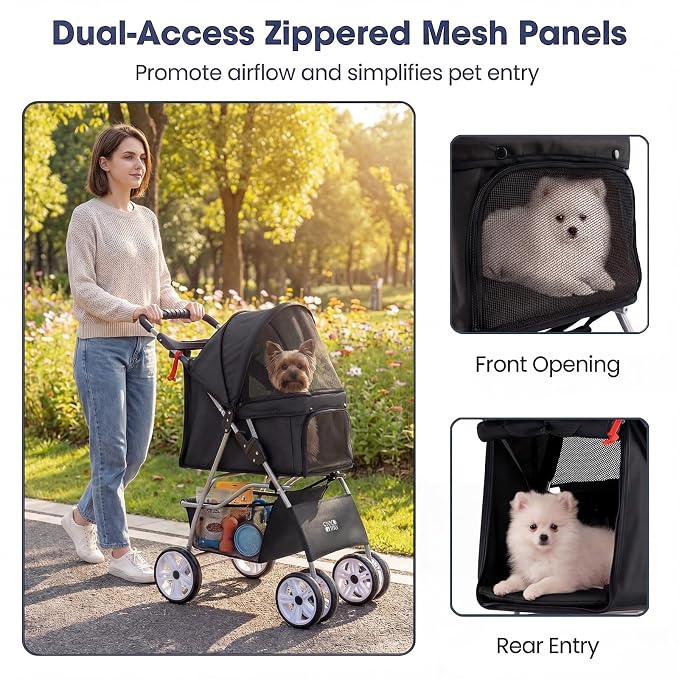 Giantex Foldable Pet Stroller for Small Dogs & Cats, Lightweight Dog Stroller with Lockable Wheels, One-Hand Quick Fold, Adjustable Canopy, Safety Leash & Storage Basket, Pet Travel Stroller, Black