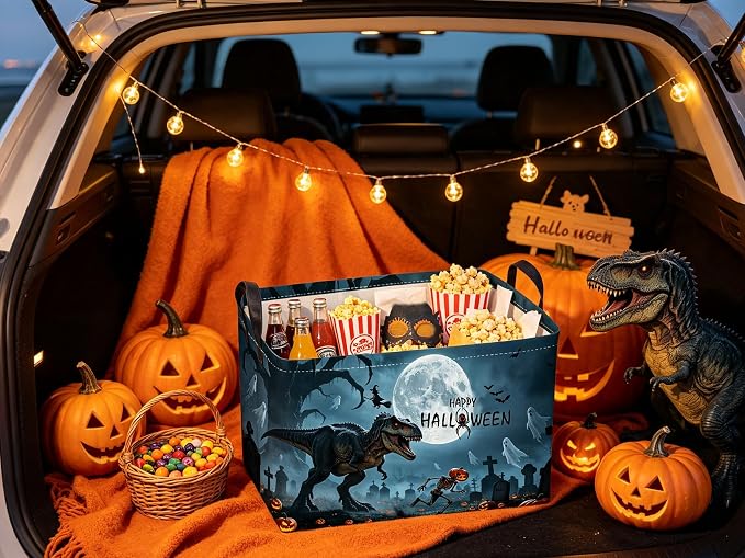 Sanjiaofeng Rectangular Dinosaur Halloween Baskets,Waterproof Foldable Dinosaurs Basket with Handles,Nursery Hamper,Home Organizer,Books Box,Gift Baskets(Misty Dinosaur)