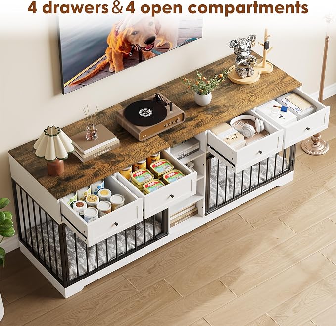 Dog Crate Furniture for 2 Dogs, Double Dog Crate TV Stand, White | 82" Large Dog Kennel Indoor with 4 Storage Drawers and 4 Shelves, Suitable for Small, Medium and Large Dogs