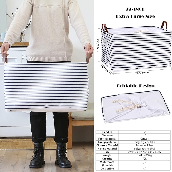 Hinwo 70L Extra Large Canvas Storage Bin with Lid and Handles, 2-Pack | Collapsible Fabric Baskets, Closet Shelf Organizers, Containers for Clothing, Blankets, Toys, Bedding (Gray)